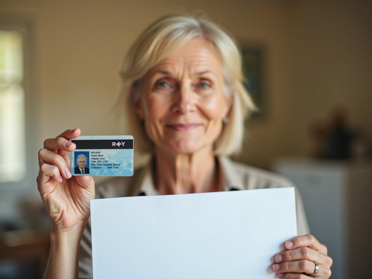 An older woman is holding an identification card in one hand and a blank white sheet of paper in the other. She has light-colored hair, possibly blond. The background is softly blurred, suggesting a warm indoor setting. The woman is wearing a casual shirt. She appears to be looking directly at the camera, conveying a sense of importance or significance with her documentation.