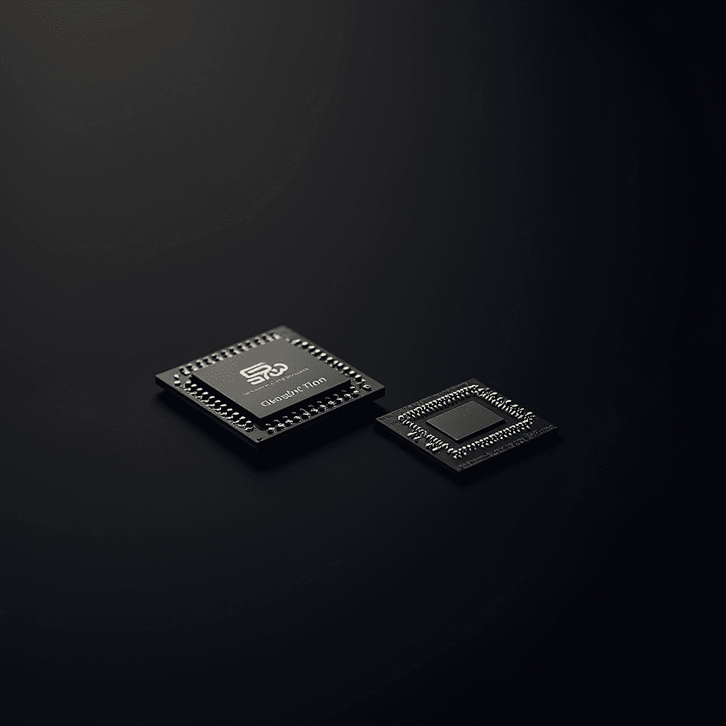 Two black microchips, positioned on a sleek dark background, showcasing intricate metallic connectors and a logo with text "Eleglin 10nm."