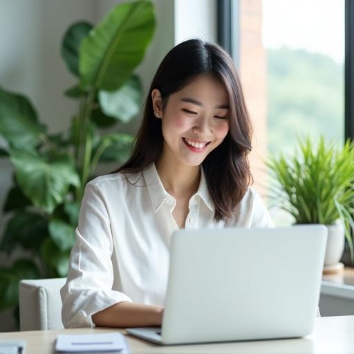 A young woman works on a laptop with a smile in a bright office filled with green plants near a window wearing a white blouse and photographed from a semi-side angle