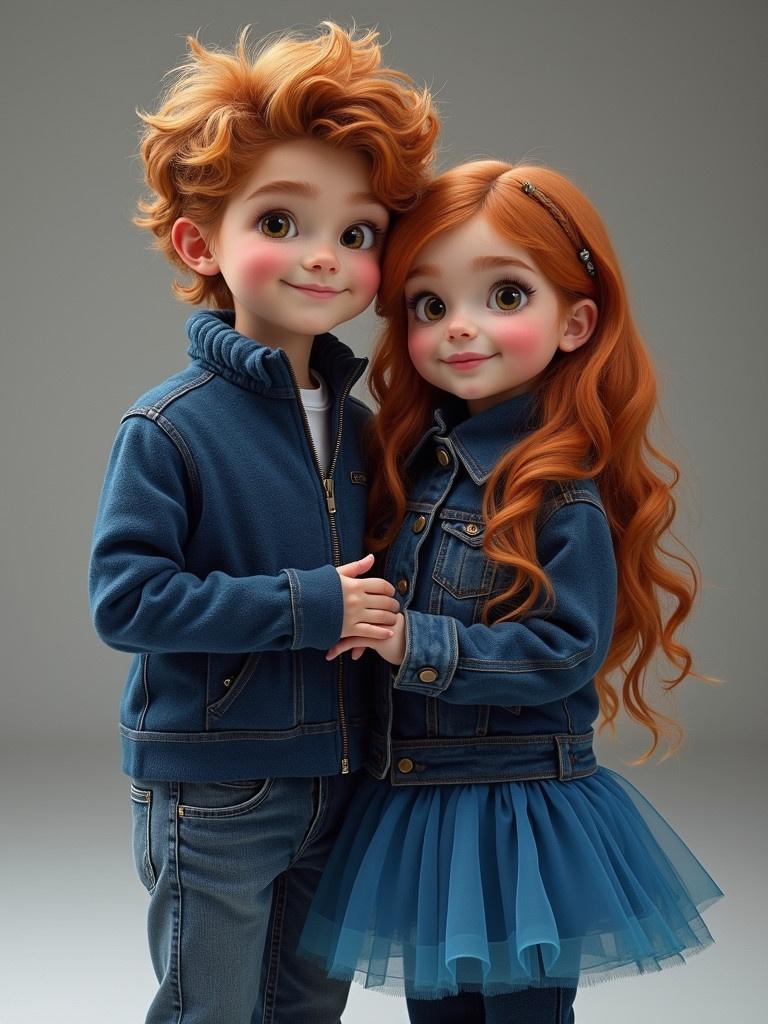 Two children are embracing each other. One child has curly orange hair and wears a blue jacket. The other child has straight red hair and wears a blue skirt. The background is soft and neutral in tone.