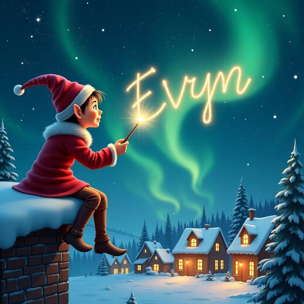 An elf in red attire with a pointed hat writes magical names in the night sky. The elf sits on a ledge and holds a wand. Below is a snowy landscape, with illuminated houses and tall trees.