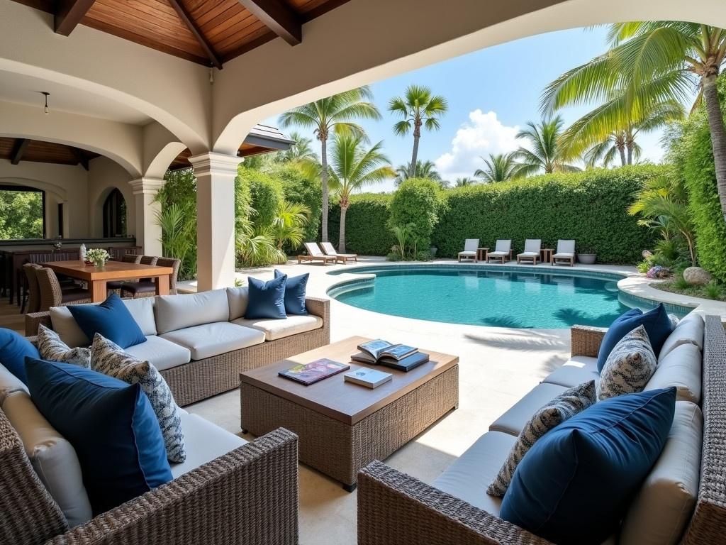 This image shows a luxurious outdoor living space that connects with a beautiful pool area. It features elegant outdoor furniture made of woven material, with plush cushions in various shades of blue and navy. The pool has a unique circular shape and reflects the clear sky above, surrounded by lush greenery and palm trees. On the left, there’s an open plan dining area with a large wooden table and chairs. The overall atmosphere conveys a serene and inviting tropical lifestyle, perfect for outdoor gatherings or relaxation.