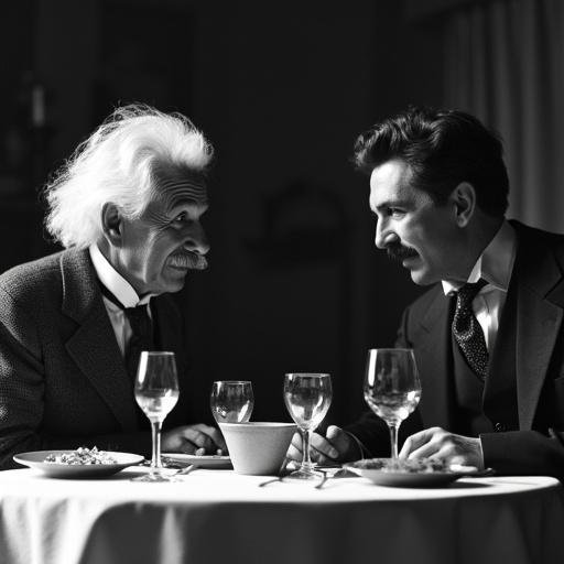 Black and white image depicting two historical figures at a dinner table. Dinner setting with food and drinks. One man with wild white hair and mustache. The other man with dark slick hair and mustache. They are engaged in conversation, enjoying a meal together.