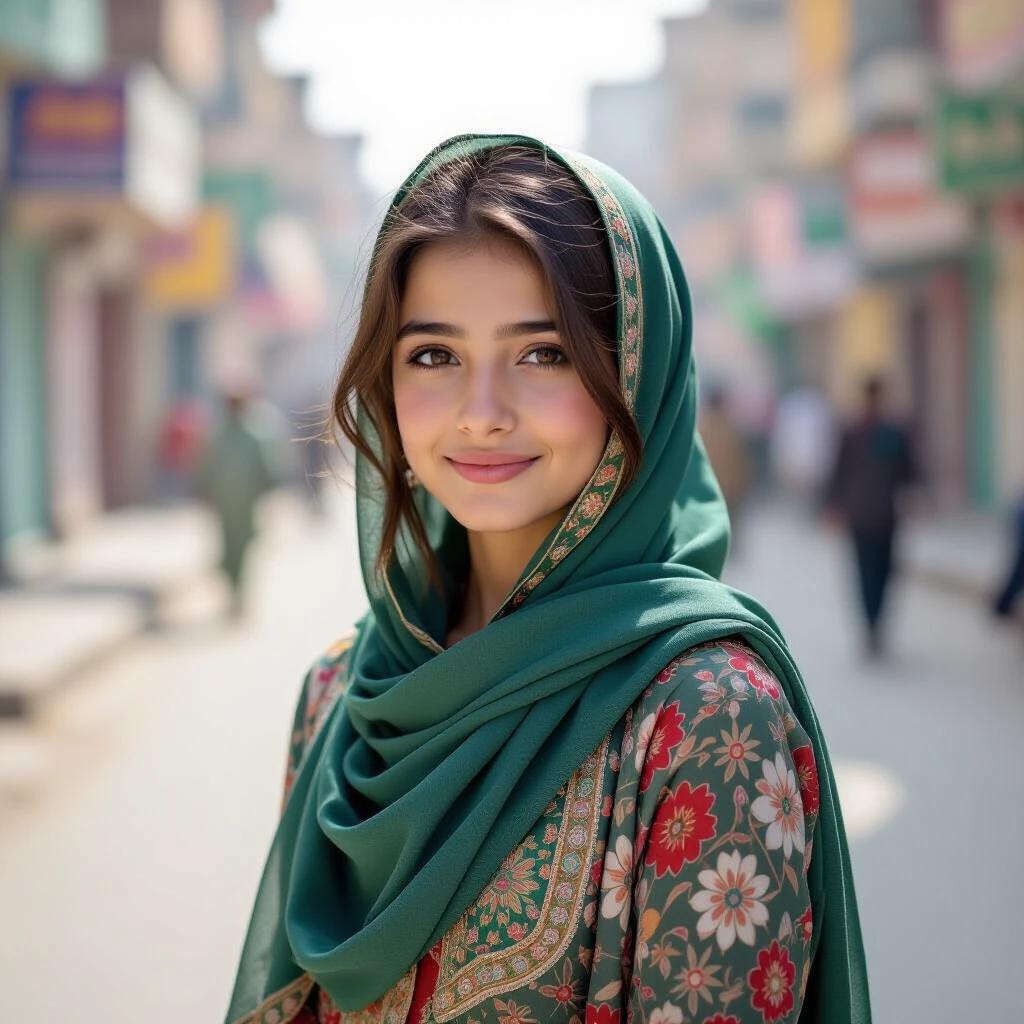 Photo of a girl wearing a traditional Pakistani outfit with a green shawl. The background shows a busy street in Pakistan.