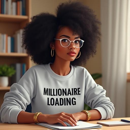 A young Black woman seated at a desk looking at a computer screen. She has dark curly hair and wears round light glasses. A light gray sweatshirt with 'MILLIONAIRE LOADING' printed on it. Gold hoop earrings and bracelets are visible. Background is a home office setup with bookshelves. Soft lighting highlights details. Atmosphere is positive and aspirational.
