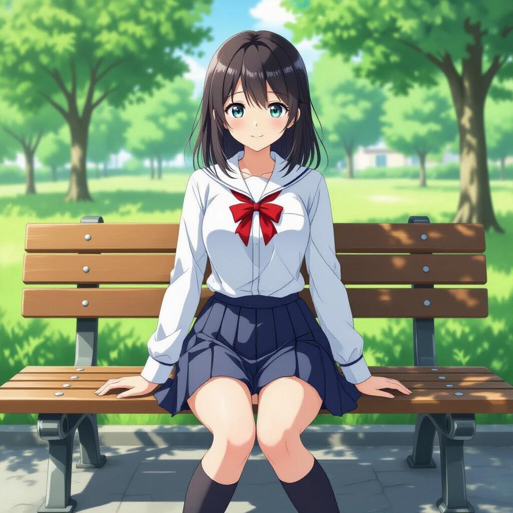 A girl named Akane Kurokawa sits on a bench in a park. She wears a white shirt, a pleated black skirt, and a red necktie. The scene is vibrant with greenery around her. She looks directly at the viewer with a full body focus.