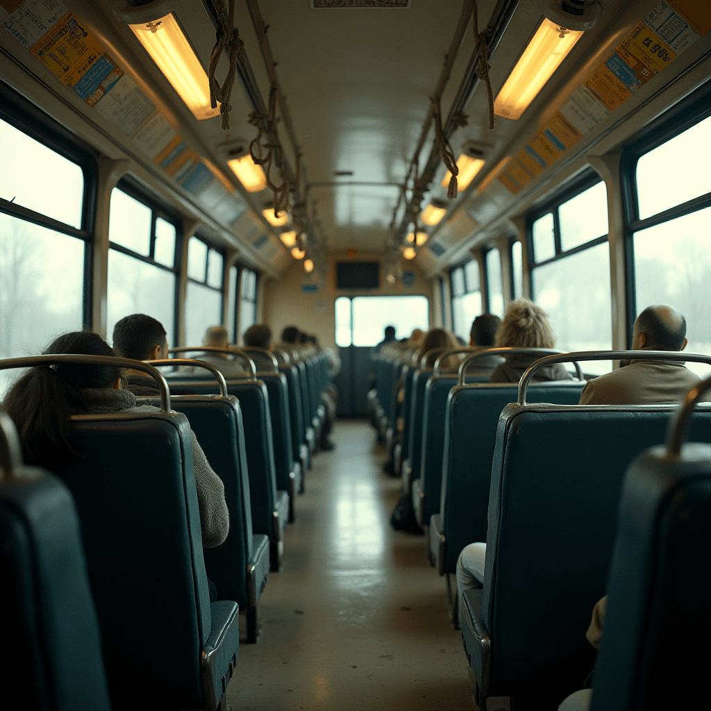 Passengers quietly seated on a bus during a serene morning commute.