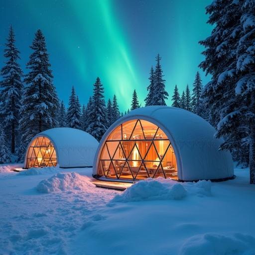 Hotel igloo in Lapland surrounded by snow-covered trees and the Northern Lights in the background. Igloos have warm, glowing interiors.
