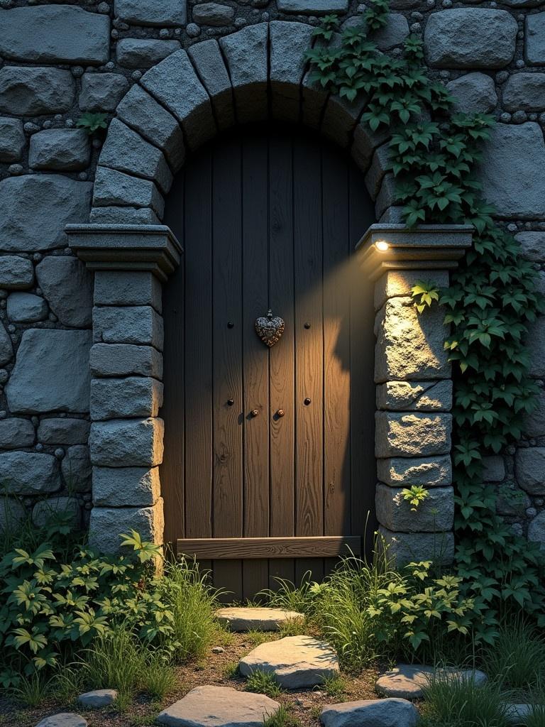 Stone ruins are shown from a frontal view. A sturdy wooden door stands illuminated by a soft light. The door features a heart-shaped ornament and is surrounded by grey stones and green ivy. Grass and stones lead to the door's entrance.