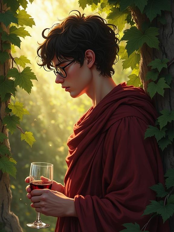 A young man with round glasses wearing robes stands outdoors. He appears worried and pensive while holding a glass of wine. Surrounding him are lush green vines and soft sunlight filtering through the trees. The style reflects digital oil painting inspired by Alphonse Mucha with chiaroscuro effects.