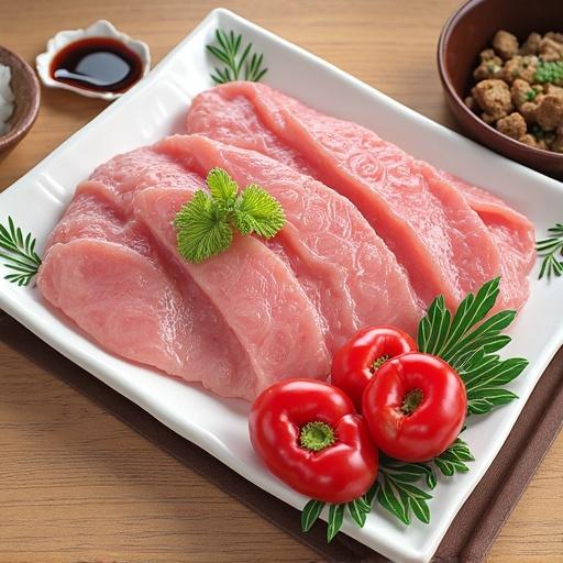 Sliced meat on a white plate with tomatoes and green leaves. Simple presentation with a focus on freshness and quality.