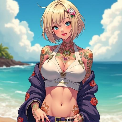 Anime illustration of a woman 52 years old with frosted blue eyes and short light blonde wavy hair. She has piercings and a futuristic look. Wearing modern, edgy hip hop streetwear. Classy appearance with light pink lipstick and colorful Japanese tattoos. Stands at the beach as an A-list celebrity featured on a music magazine cover.