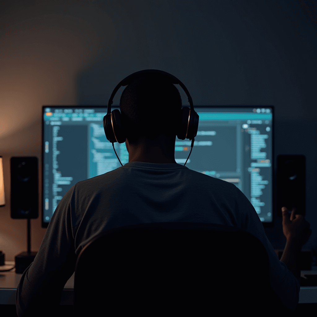 A person immersed in coding at a computer with headphones on in a dimly lit room, suggesting focus and concentration.