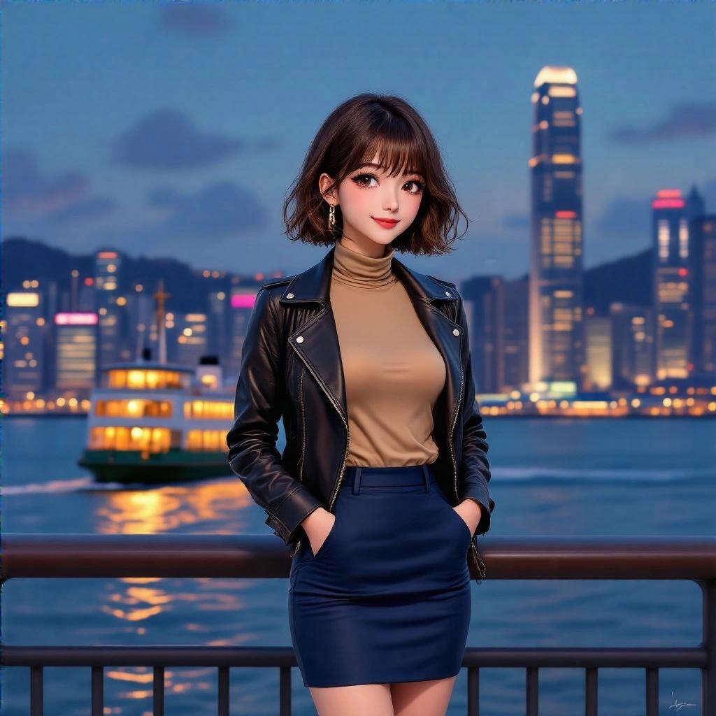 A stylish office lady stands near a city pier. The elegant woman has a bob hairstyle. She wears a champagne colored turtleneck, dark blue pencil skirt, and a leather jacket. Knee-high stiletto boots complete her outfit. The background features skyscrapers and neon lights. A ferry passes in the water as she smiles over her shoulder, pushing her bangs behind her ears.