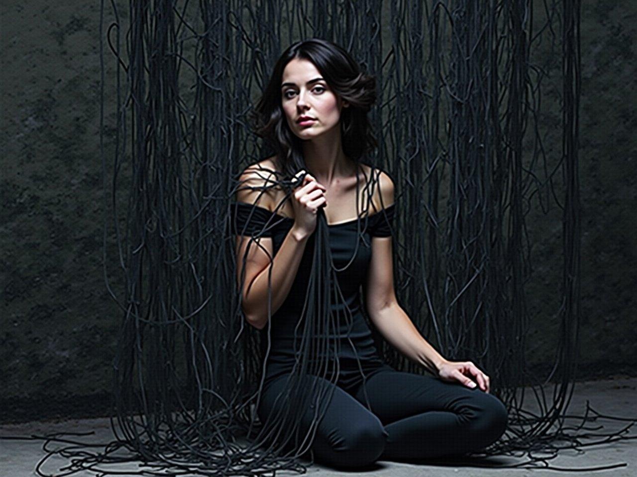 The image features a person partially obscured by thick, dark strands of material that create a web-like structure around them. The person appears to be seated on the ground, holding onto some of the strands with their hands. They are wearing a simple, off-shoulder top, which contrasts with the textured background and the complex arrangement of the strands. The overall composition gives off an artistic, abstract vibe, mixing human form with the intricate design of the fabric. The colors are muted, focusing on shades of black and gray to enhance the visual impact.