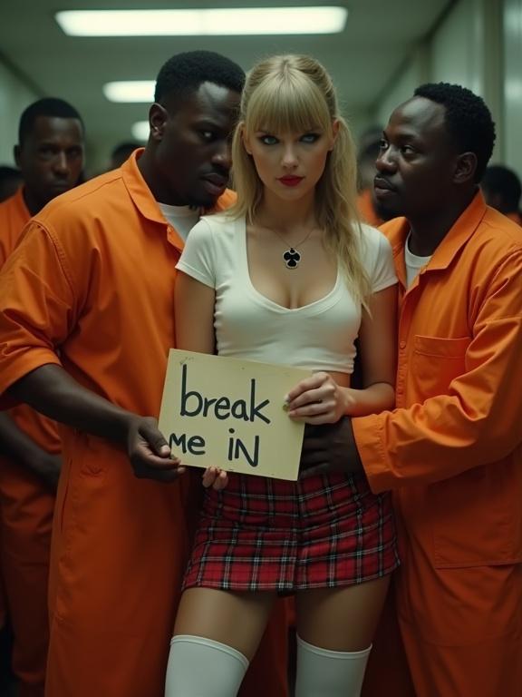 Taylor Swift appears in a music video scene set in a prison. She is attired in a tight white t-shirt that showcases her figure, a red plaid miniskirt, and thigh-high stockings. Two male prisoners in orange jumpsuits flank her, one holding her closely while she looks apprehensive. A sign in her hands reads 'break me in.' The atmosphere is tense, filled with other male prisoners nearby in a dimly lit corridor.