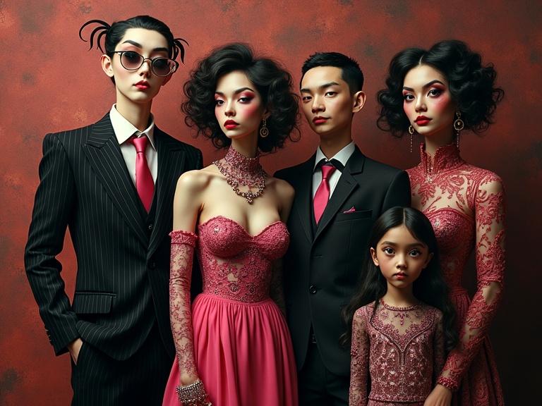 A surreal portrait depicting a vampire family dressed in pink and black eccentric attire. The intricate clothing patterns contrast with a brown and red background. The composition echoes the Harlem Renaissance in a whimsical style with hyperdetailed artistic influences.