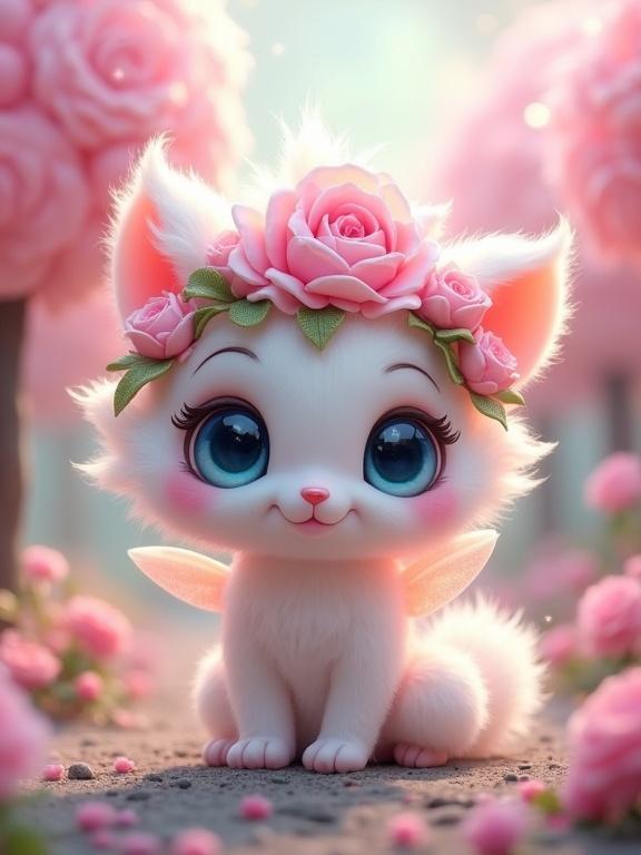 Charming whimsical creature with a flower crown. White fur with pink accents. Large blue eyes and a small smiling mouth. Fluffy body with delicate wings and a sparkling tail. Background features pink trees and flowers in a magical garden.