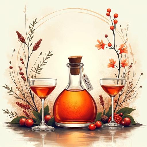 Conceptual artwork featuring a modern minimalist style. Depicts a lower apothecary bottle labeled 'ALFRUNO' with a cork lid. Two cocktail glasses filled with liquid are on either side of the bottle. The setting includes herbs, flowers, and berries around the bottle. The background is white-beige with a warm glow. Fantasy and nostalgia elements are included.