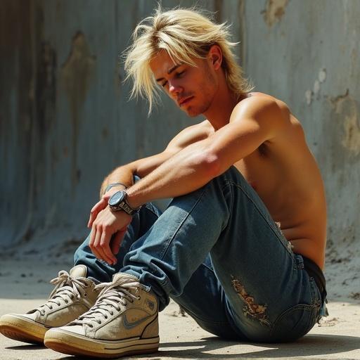 Handsome fit skater boy lounges casually on the ground. He has a blonde mullet and ripped clothing. His sneakers rest to the left of his feet. The setting is outdoors with a rough textured background.