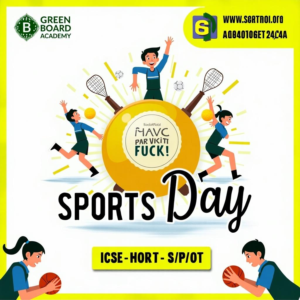 Create a vibrant banner for Sports Day at Green Board Academy. Highlight sports like tennis and include details for ICSE and CBSE. Use a cheerful and energetic design.