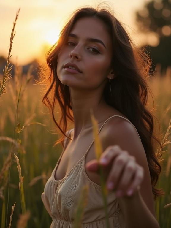 A beautiful woman is in a grassy field during sunset. She gazes down with a gentle expression. Her hand reaches down toward the viewer. Warm evening light illuminates the scene.