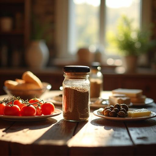 Rustic wooden kitchen table adorned with plates of tomatoes, olives, cheese, and fresh bread. Morning sunlight streams through a window, creating a cozy Turkish atmosphere. A spice jar is in sharp focus at the center, with a soft background blur emphasizing the scene.