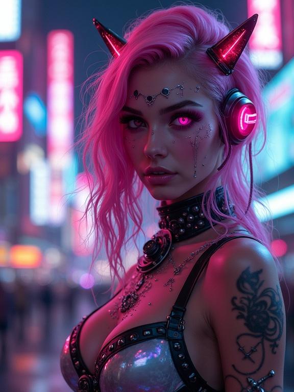 A futuristic princess in a neon-lit city. Features glowing enhancements and dramatic makeup. The cityscape is bustling with vibrant lights.
