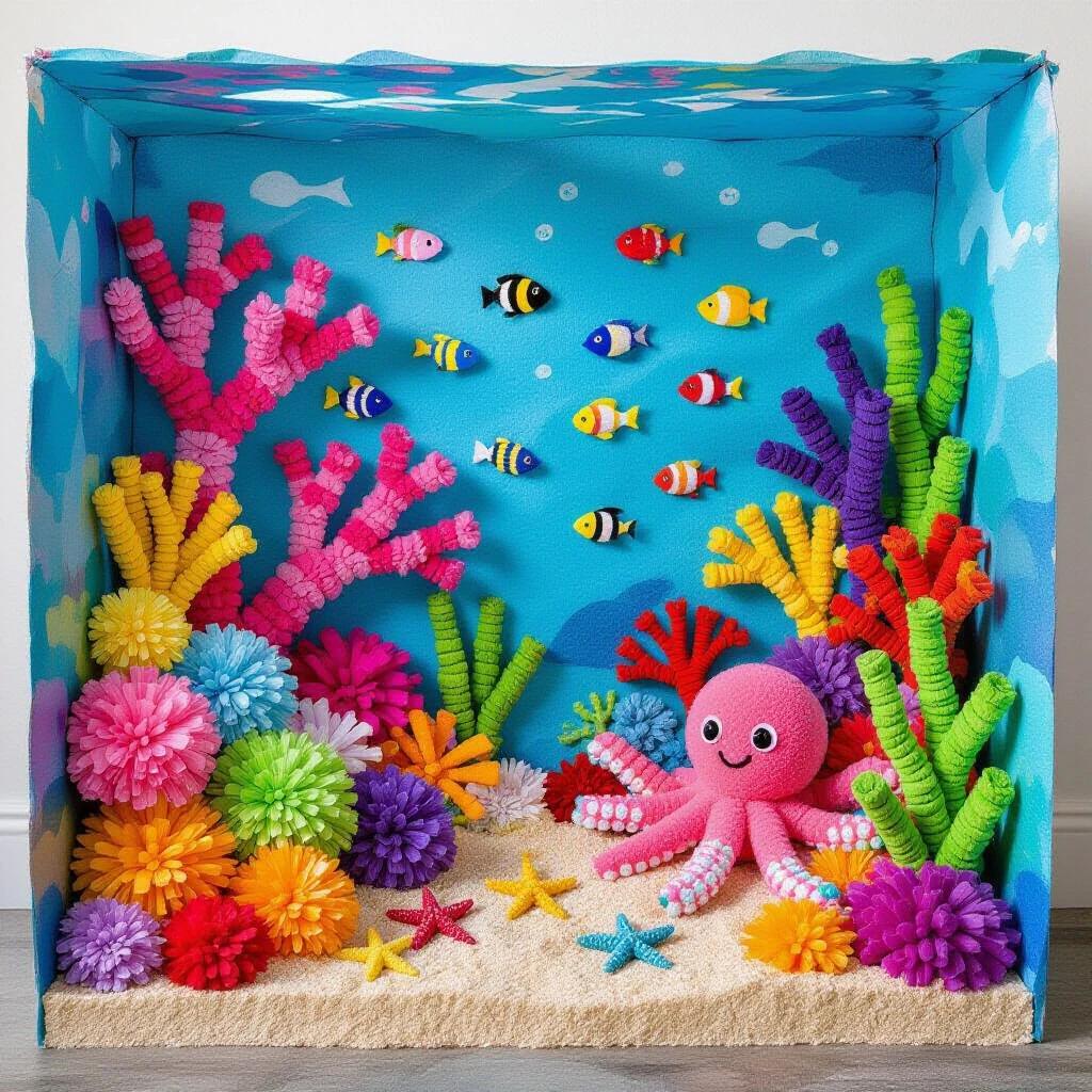 A colorful pom pom art diorama shows a coral reef. Pom pom formations create vibrant coral landscapes. Schools of pom pom fish swim among the corals. Long strands of pom poms represent sea anemones. A friendly octopus character sits on the sandy ocean floor. Green pom poms form seaweed towers. A bright and colorful underwater scene is depicted with soft lighting.