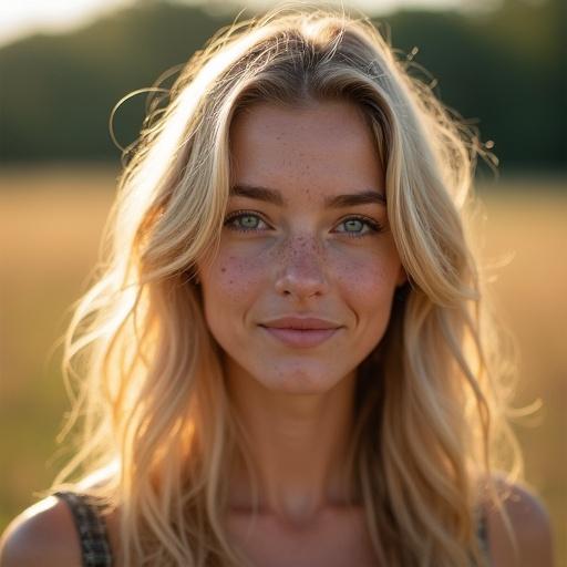 A beautiful young blonde woman with natural freckles and blue eyes. She has wavy golden hair and a soft smile. The background shows nature in soft focus during golden hour with warm light.