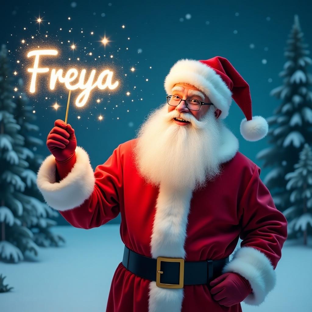 A jolly Santa Claus stands in a snowy landscape. He holds a magical wand radiating sparkles forming the name Freya. His classic red suit features white fur trim, and he wears a matching hat. Santa's joyful eyes shine brightly. Behind him, evergreen trees create a winter scene under a starry night sky. A festive and magical ambiance surrounds the holiday setting.