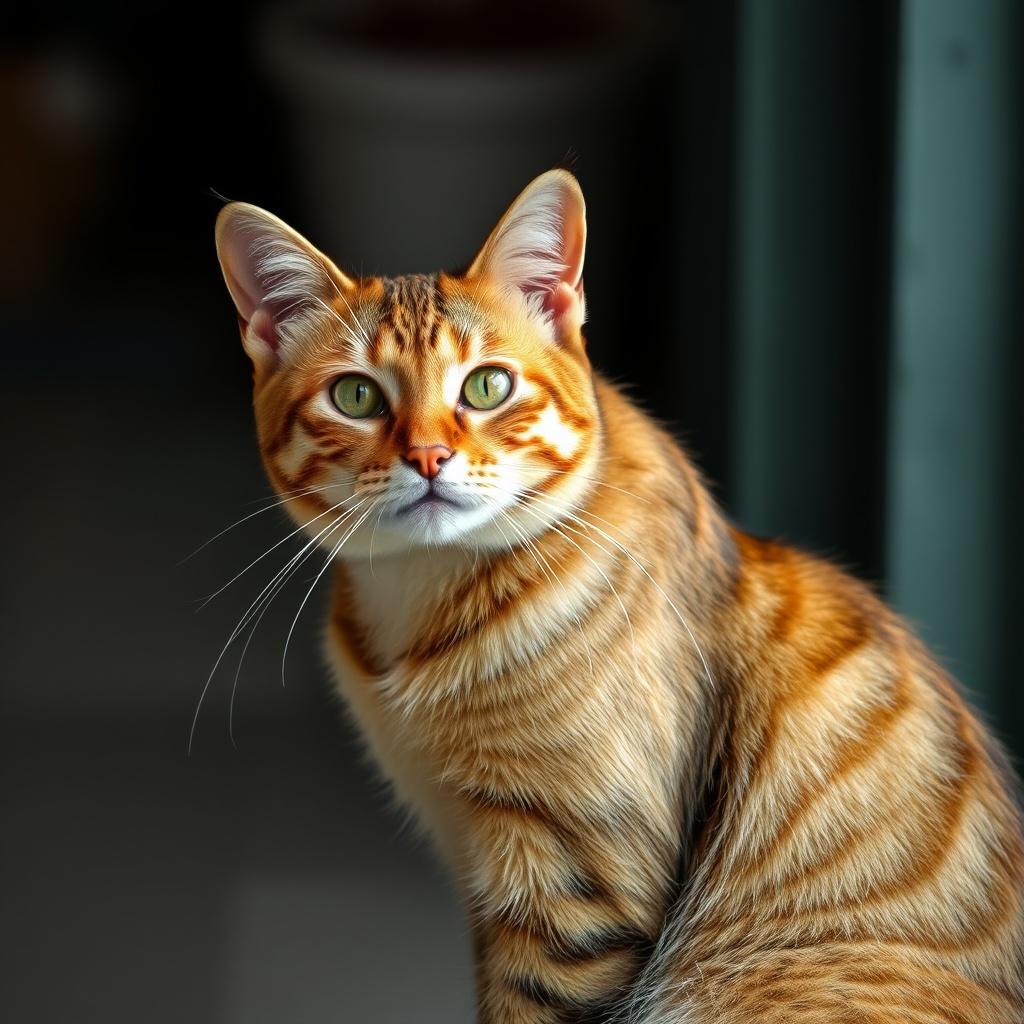 A beautifully striped cat with bright eyes looking intently at the camera.