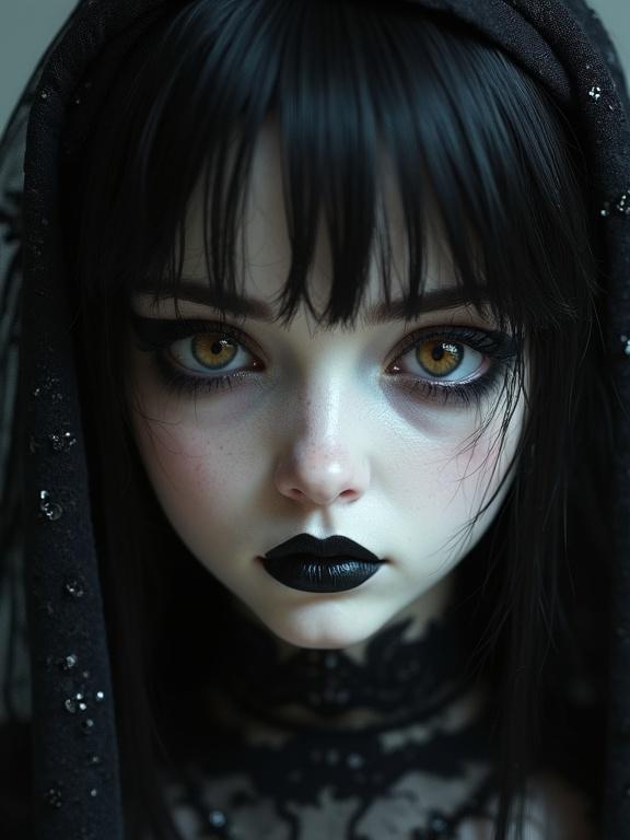 Close up portrait photo of a gothic girl. The girl has pale skin. She wears black eyeliner and black lipstick. Hair is long and black. Eyes are hazel. A black veil covers her head. The image is in photorealism style at high resolution.