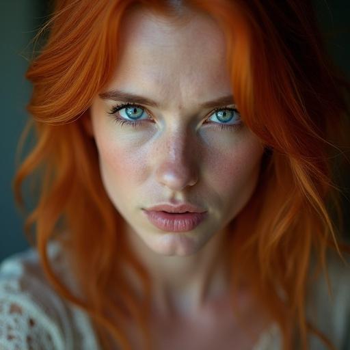 Close-up portrait of a woman with vibrant red hair and blue eyes. She displays an angry expression. The focus is on her hair and facial features. The image uses soft lighting and warm tones.
