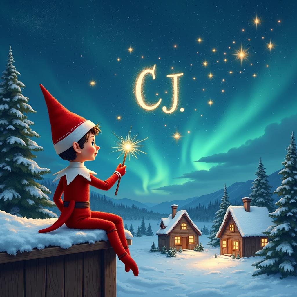 A brown boy elf sits on a wooden ledge. The elf gazes at a magical sky. Dressed in red with a pointed hat, the elf holds a sparkling wand. The elf writes 'CJ' in the starry sky. The scene has a snowy landscape with little houses and evergreen trees under Northern Lights. The elf adds 'Raekewon' and 'Rachael' in the sky. The depiction captures childhood magic and Christmas cheer.