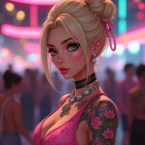 Anime character in a futuristic nightclub. Woman with emerald green eyes and light blonde hair styled in a French bun. Wearing light pink jewelry and a sexy dress. Half Japanese and half Saiyan features. Surrounded by fans. Modern and luxurious atmosphere.