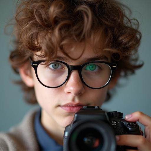 A close-up shot of a teenager holding a DSLR camera. The teenager has brown curly hair and is wearing glasses. The focus is on the camera and hands.