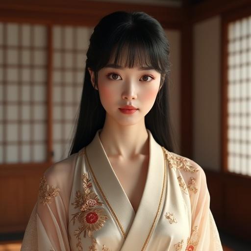Ultra-realistic portrait of an elegant East Asian woman with porcelain skin and soft pink blush. She has large expressive brown eyes with a confident gaze. Long straight black hair features blunt-cut bangs. She wears a luxurious Japanese-inspired dress combining traditional kimono elements with modern elegance. The outfit is in pastel tones with gold embroidery and sheer fabric inserts. The fitted bodice enhances her full bust and slim waist. Flowing sleeves create movement. The pose is dignified. The background includes traditional Japanese architecture elements and warm lighting.