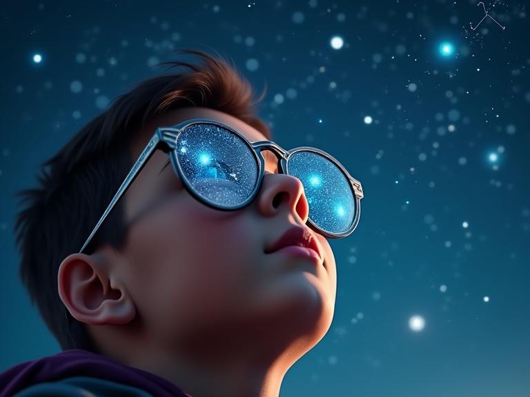 Close-up of a boy looking up at the stars. Glasses reflect constellations. Binary code and scientific symbols blended in the sky. Evokes awe and inspiration.