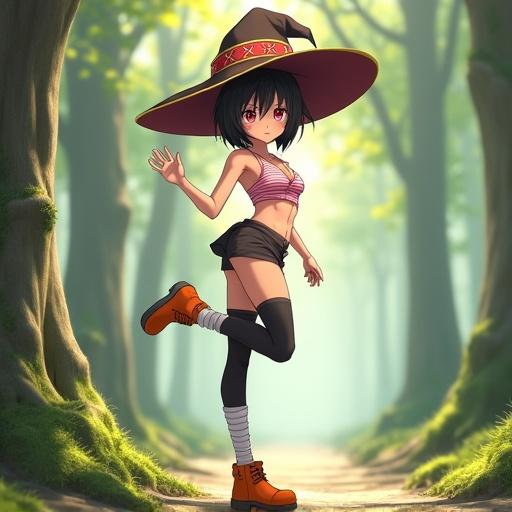 A young female mage stands in a fantasy forest. The mage has a fair skin and short black hair cut into a bob. She wears a large floppy dark brown wizard hat with gold trim. She poses in a Y-pose with one leg extended vertically. Her outfit includes a pink-and-white striped halter top and matching athletic brief bottoms. One leg features a black thigh-high stocking while the other is wrapped in white bandages. Bright orange boots complete the look. The background shows a sunlit forest path with soft dappled lighting between tall trees.
