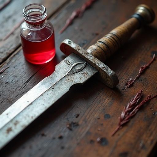 Close-up image featuring a rusted short sword and a half-empty bottle of red potion on a wooden surface. Signifies beginnings in a fantasy narrative with an emphasis on healing.