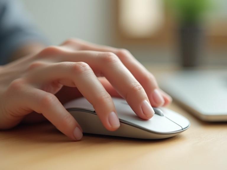 Close up of a hand using a wireless computer mouse on a wooden desk. The hand is male, fair skin tone, approximately 30-40 years old. Mouse is light gray. Soft natural light illuminating the scene. High-quality and photorealistic details visible.