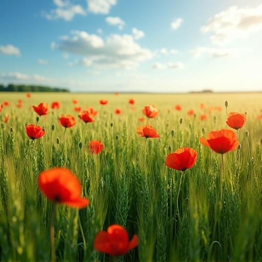 A distant photo of a green wheat field with many red poppies. Daylight with intense sunlight. A soft wind moves the field. Blue sky with a few white clouds. Morning mood with high contrast.
