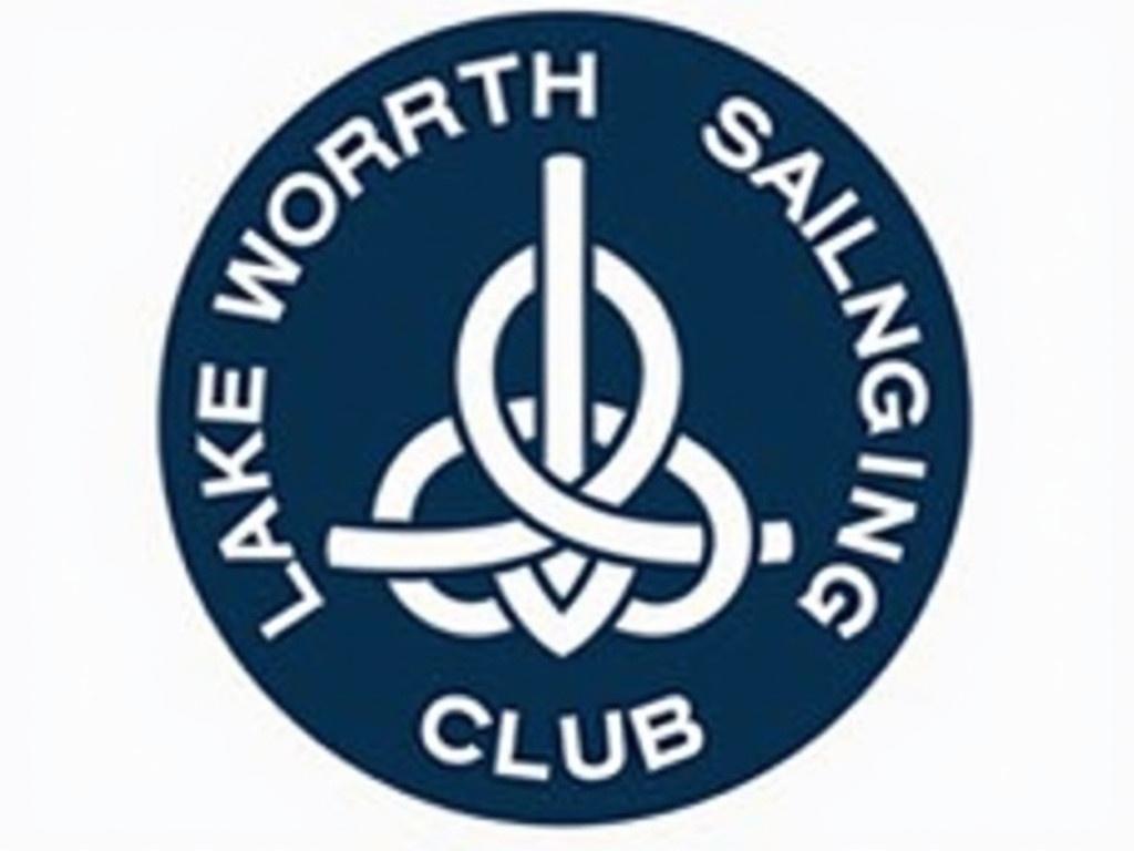 This image represents the logo of Lake Worth Sailing Club. It features a round design with a dark blue background. In the center, there's a white sailing knot symbol that signifies boating and sailing activities. Around the knot, the words "LAKE WORTH SAILING CLUB" are prominently displayed in white. This logo reflects the spirit of sailing and community associated with the club.