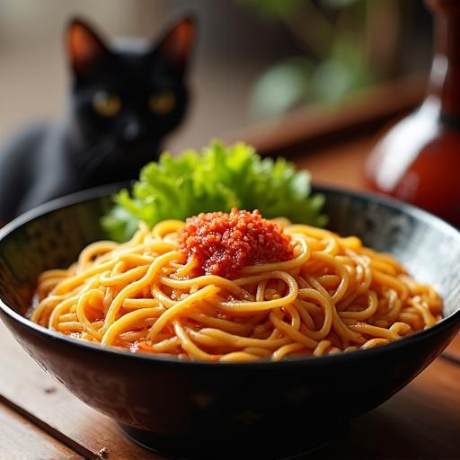 A bowl of top-quality curry udon noodles with vibrant colors and dramatic lighting. A tiny black cat hides in the background. The logo @hu_jim29 is delicately engraved. A photorealistic and dynamic composition invites viewers to appreciate the meal.