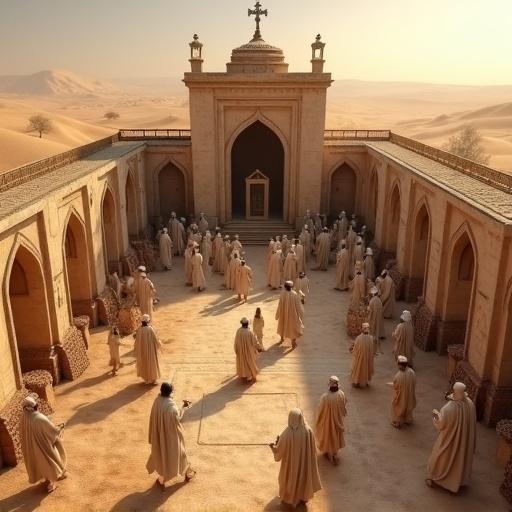 Rendering of the Tabernacle of Moses in a desert. Many people wearing traditional robes gather. Activities around the main entrance. Realistic 3D style.