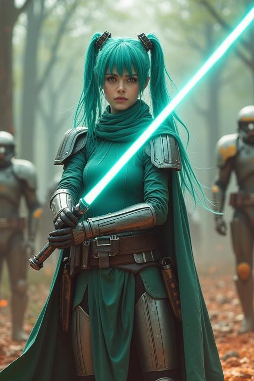 Attractive young woman inspired by Hatsune Miku in latex jedi armor on a battlefield. She wields a turquoise lightsaber. Droids are in the background. Scorched forest setting.