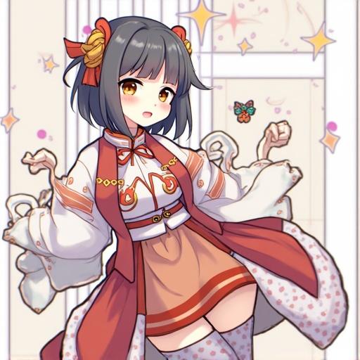 Anime style character illustration. The character has short dark hair and wears a traditional outfit with ribbons. She poses cheerfully with hands up. Background features simple decorative elements.
