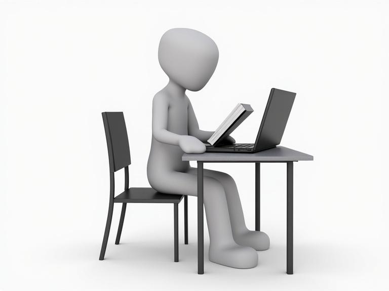 Stick figure man sitting at a desk reading a book about economics with a laptop open on the table.