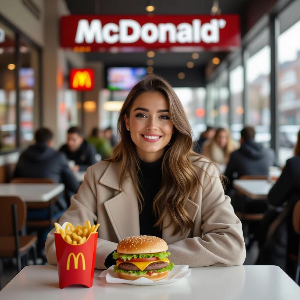 Woman sitting at a McDonald's restaurant in Liège. Table with a burger and fries in front. Bright fast-food ambiance with other patrons in the background. Featuring the iconic McDonald's logo prominently.